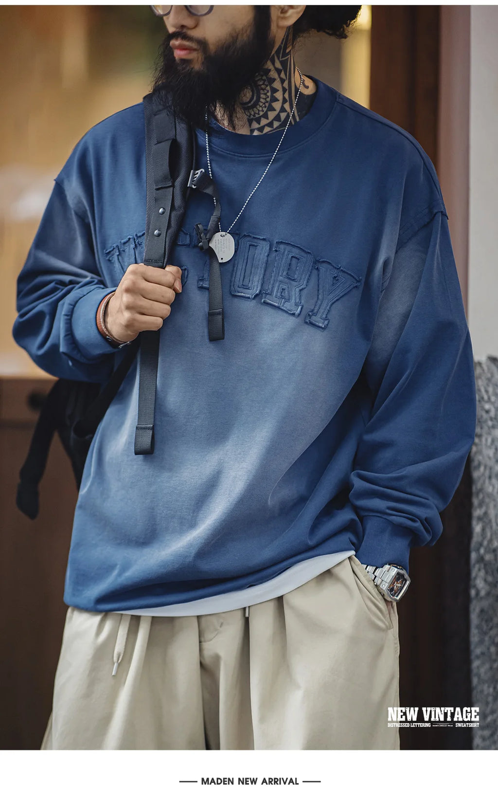 Maden Vintage Letter patched Gradient Colored Hoodie Loose Fit Washed Round Neck T-shirt for Men's Spring and Fall Casual Tops