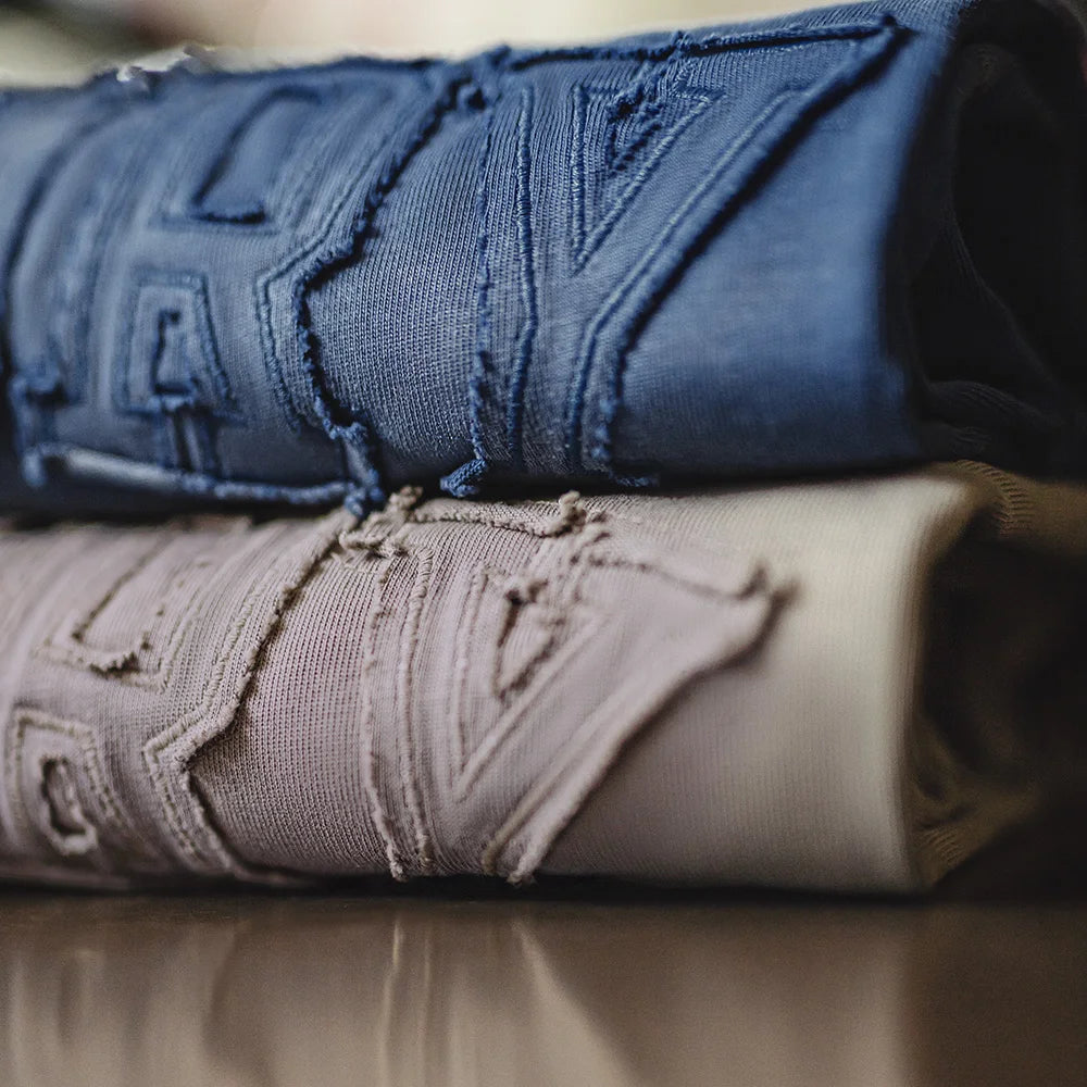 Maden Vintage Letter patched Gradient Colored Hoodie Loose Fit Washed Round Neck T-shirt for Men's Spring and Fall Casual Tops