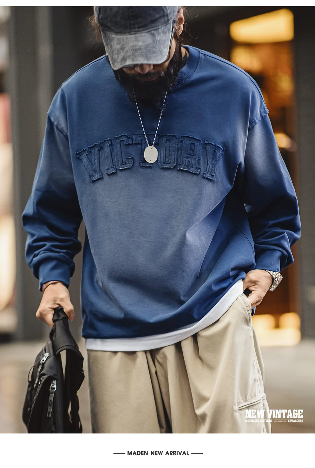 Maden Vintage Letter patched Gradient Colored Hoodie Loose Fit Washed Round Neck T-shirt for Men's Spring and Fall Casual Tops