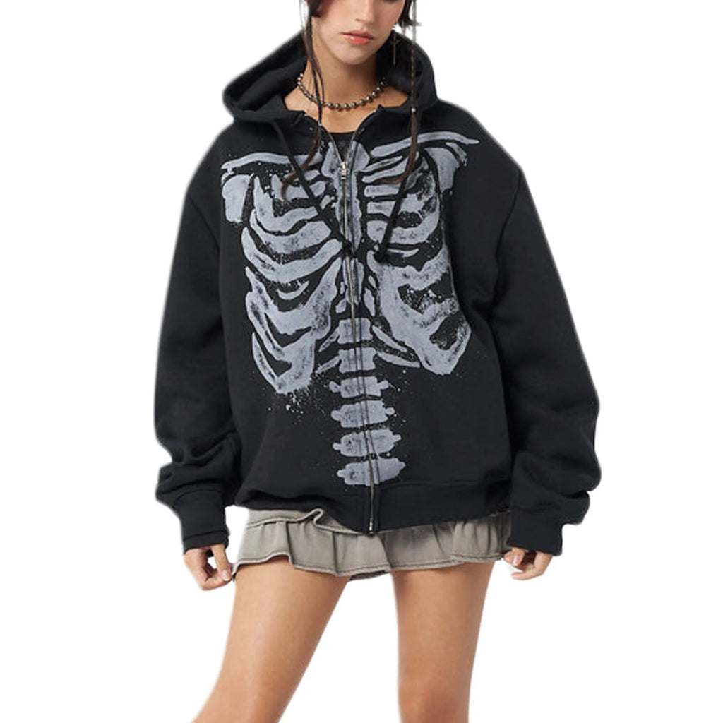 Hip Hop Women's Spring Autumn Casual Hooded Coat Black Long Sleeve Skull Print Zipper Hoodie