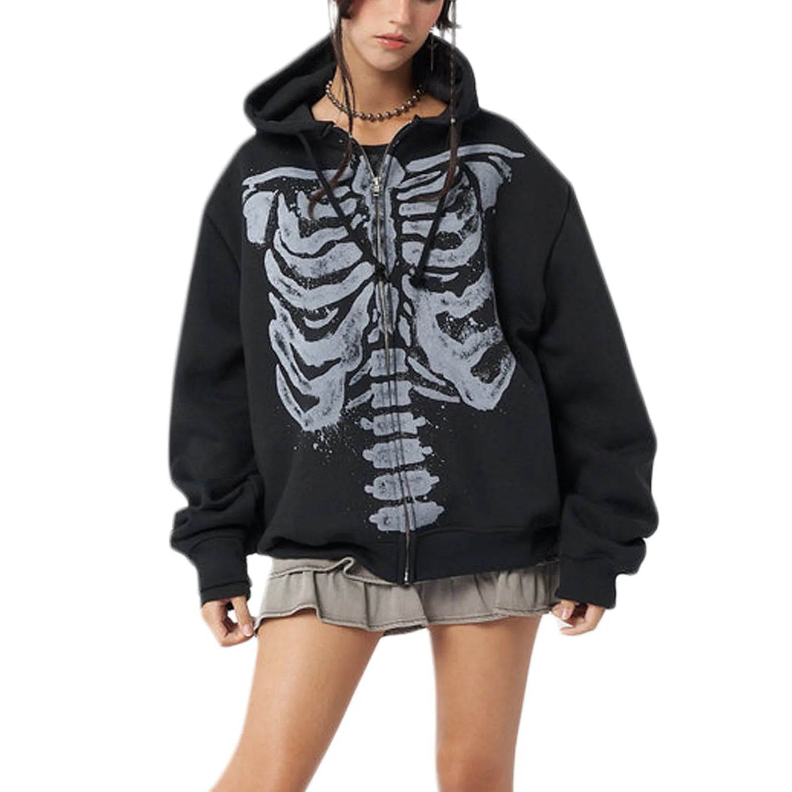 Hip Hop Women's Spring Autumn Casual Hooded Coat Black Long Sleeve Skull Print Zipper Hoodie