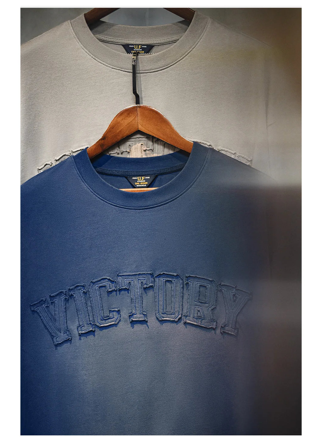 Maden Vintage Letter patched Gradient Colored Hoodie Loose Fit Washed Round Neck T-shirt for Men's Spring and Fall Casual Tops