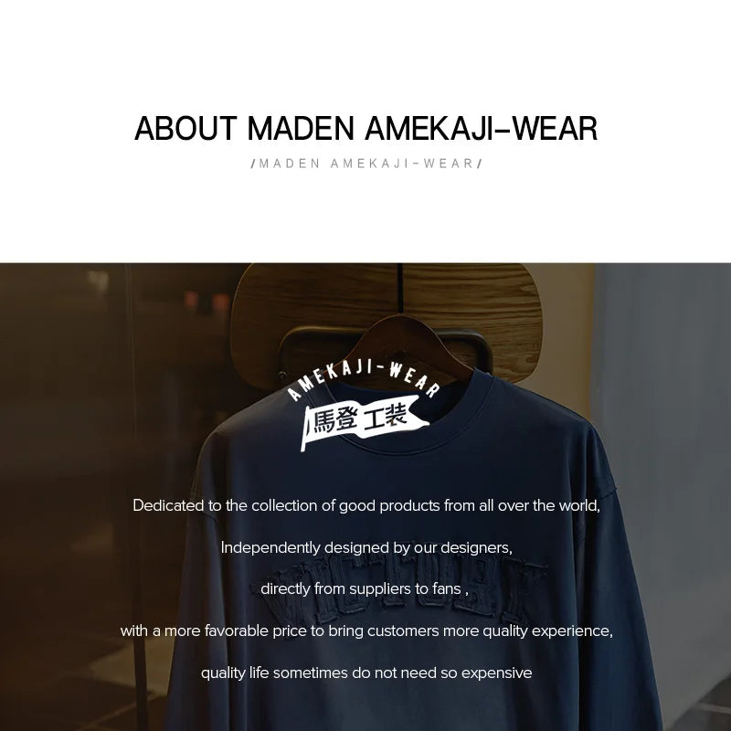 Maden Vintage Letter patched Gradient Colored Hoodie Loose Fit Washed Round Neck T-shirt for Men's Spring and Fall Casual Tops