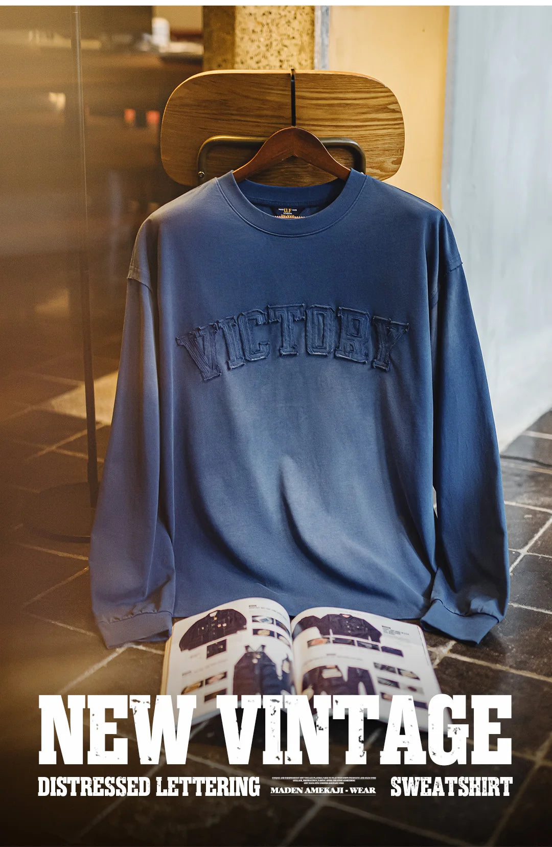 Maden Vintage Letter patched Gradient Colored Hoodie Loose Fit Washed Round Neck T-shirt for Men's Spring and Fall Casual Tops