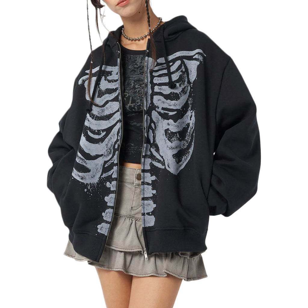 Hip Hop Women's Spring Autumn Casual Hooded Coat Black Long Sleeve Skull Print Zipper Hoodie