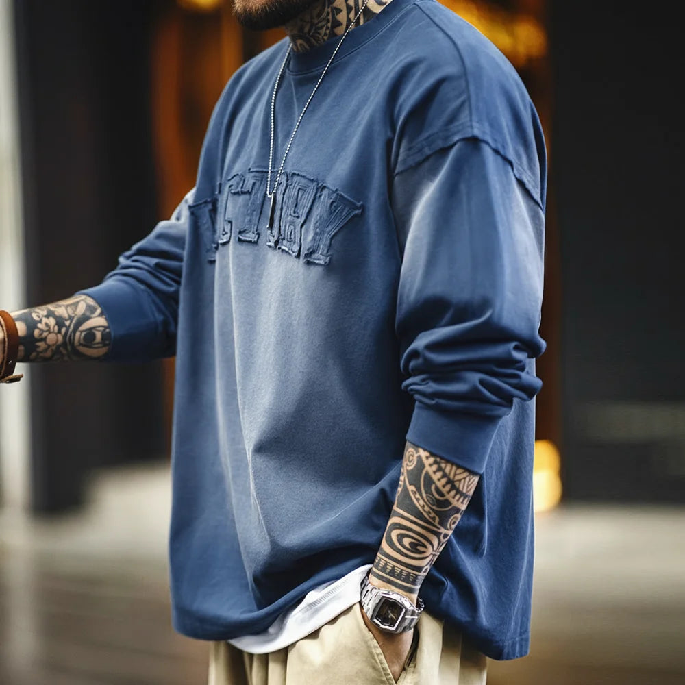 Maden Vintage Letter patched Gradient Colored Hoodie Loose Fit Washed Round Neck T-shirt for Men's Spring and Fall Casual Tops