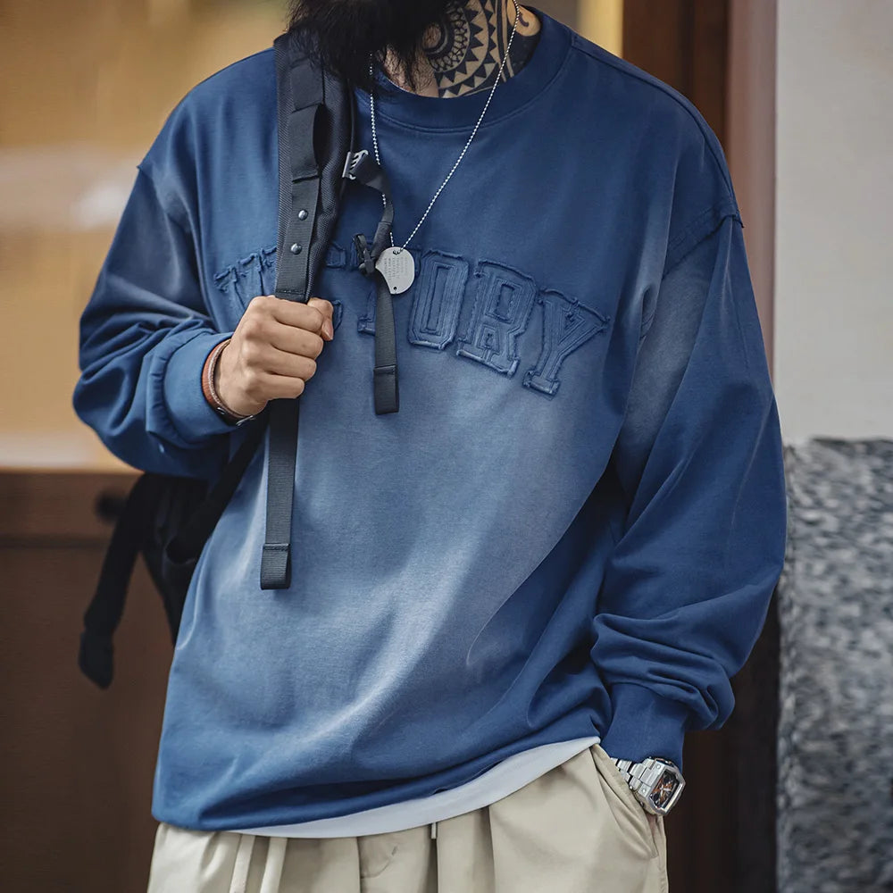 Maden Vintage Letter patched Gradient Colored Hoodie Loose Fit Washed Round Neck T-shirt for Men's Spring and Fall Casual Tops