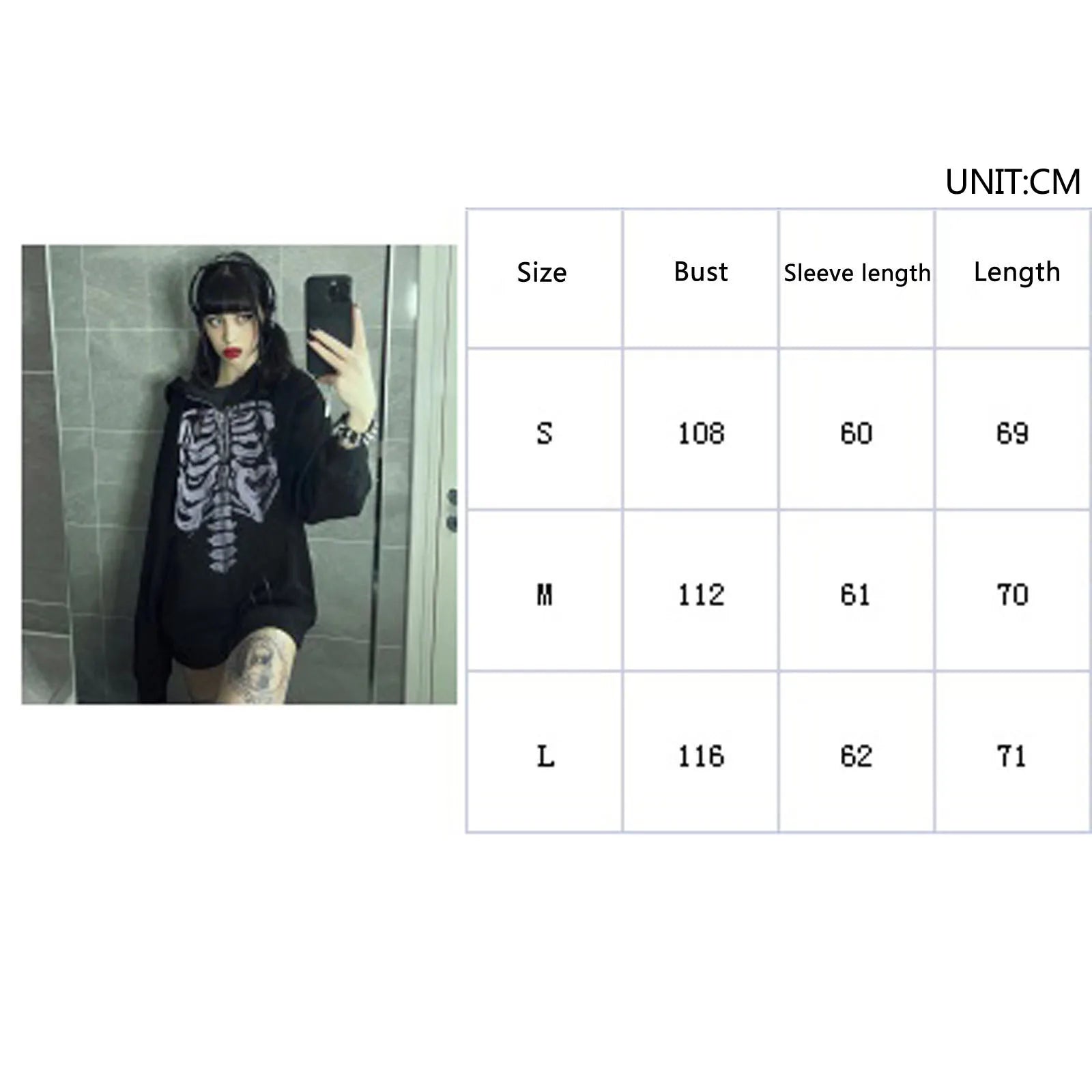 Hip Hop Women's Spring Autumn Casual Hooded Coat Black Long Sleeve Skull Print Zipper Hoodie