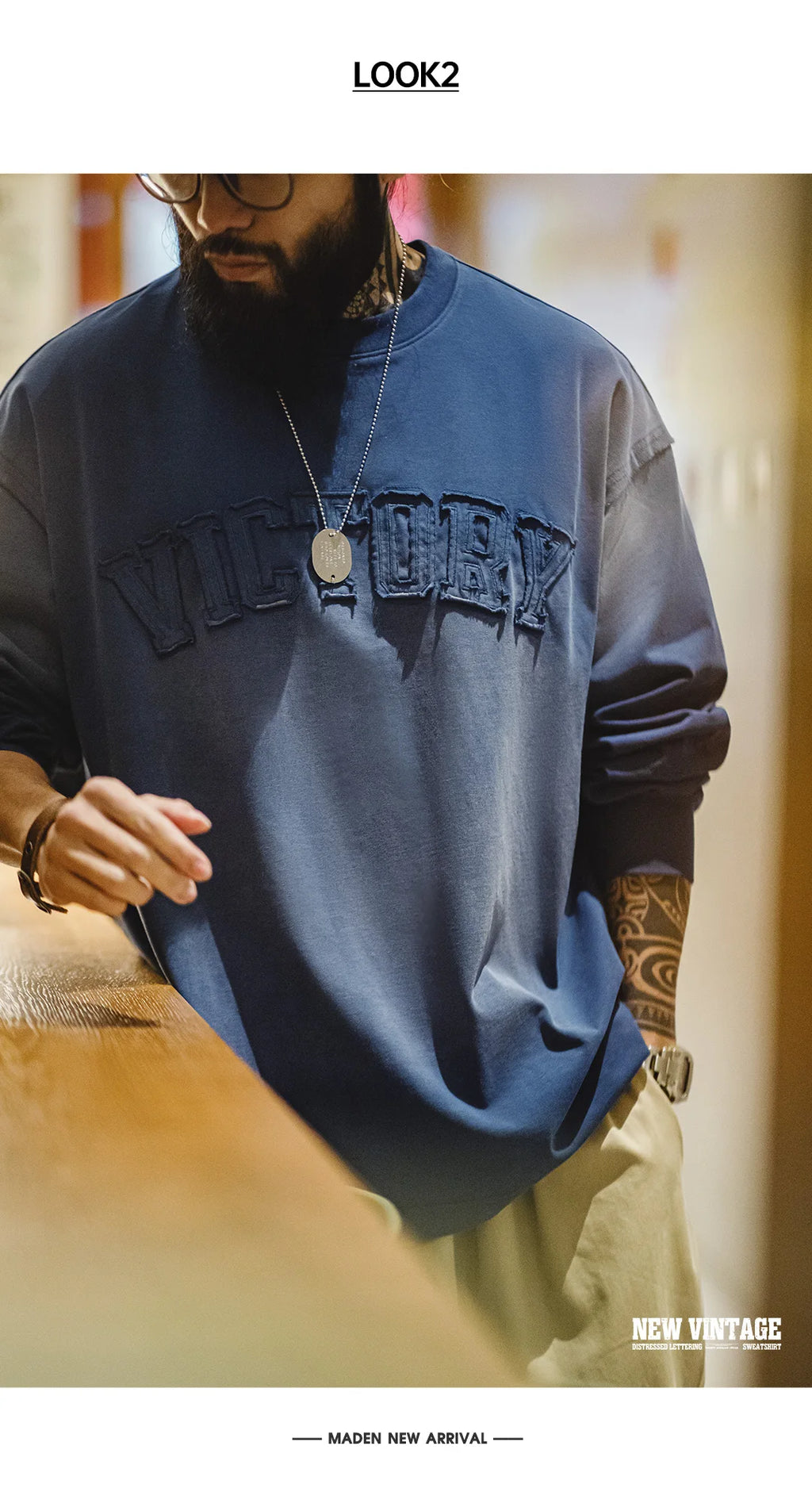 Maden Vintage Letter patched Gradient Colored Hoodie Loose Fit Washed Round Neck T-shirt for Men's Spring and Fall Casual Tops