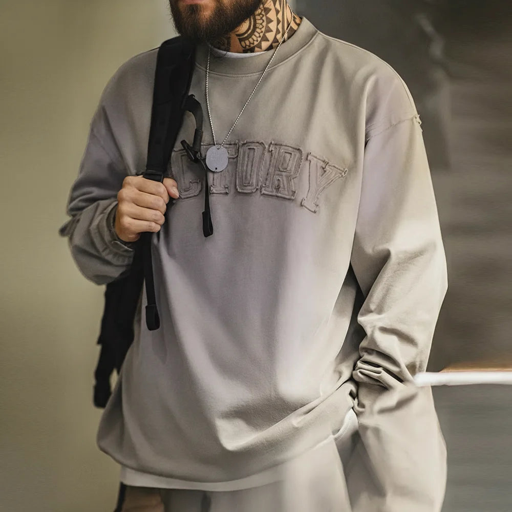 Maden Vintage Letter patched Gradient Colored Hoodie Loose Fit Washed Round Neck T-shirt for Men's Spring and Fall Casual Tops