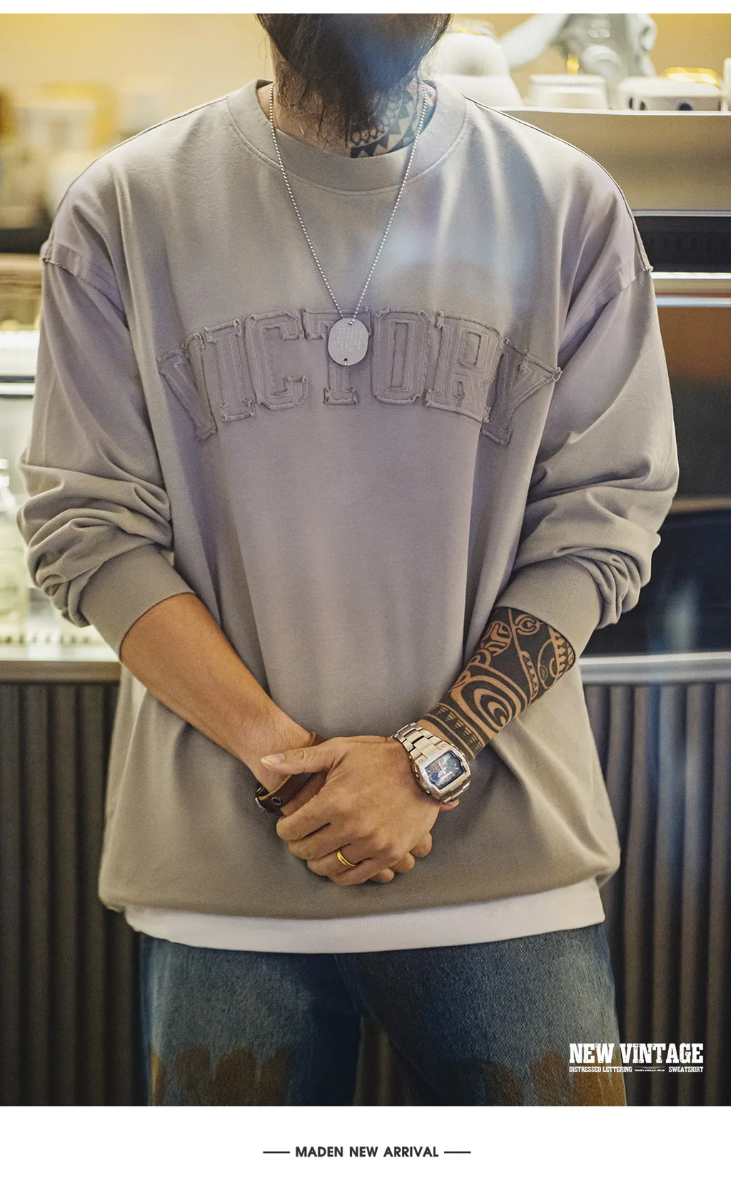 Maden Vintage Letter patched Gradient Colored Hoodie Loose Fit Washed Round Neck T-shirt for Men's Spring and Fall Casual Tops