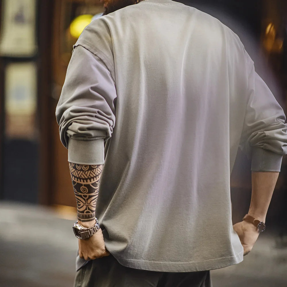 Maden Vintage Letter patched Gradient Colored Hoodie Loose Fit Washed Round Neck T-shirt for Men's Spring and Fall Casual Tops