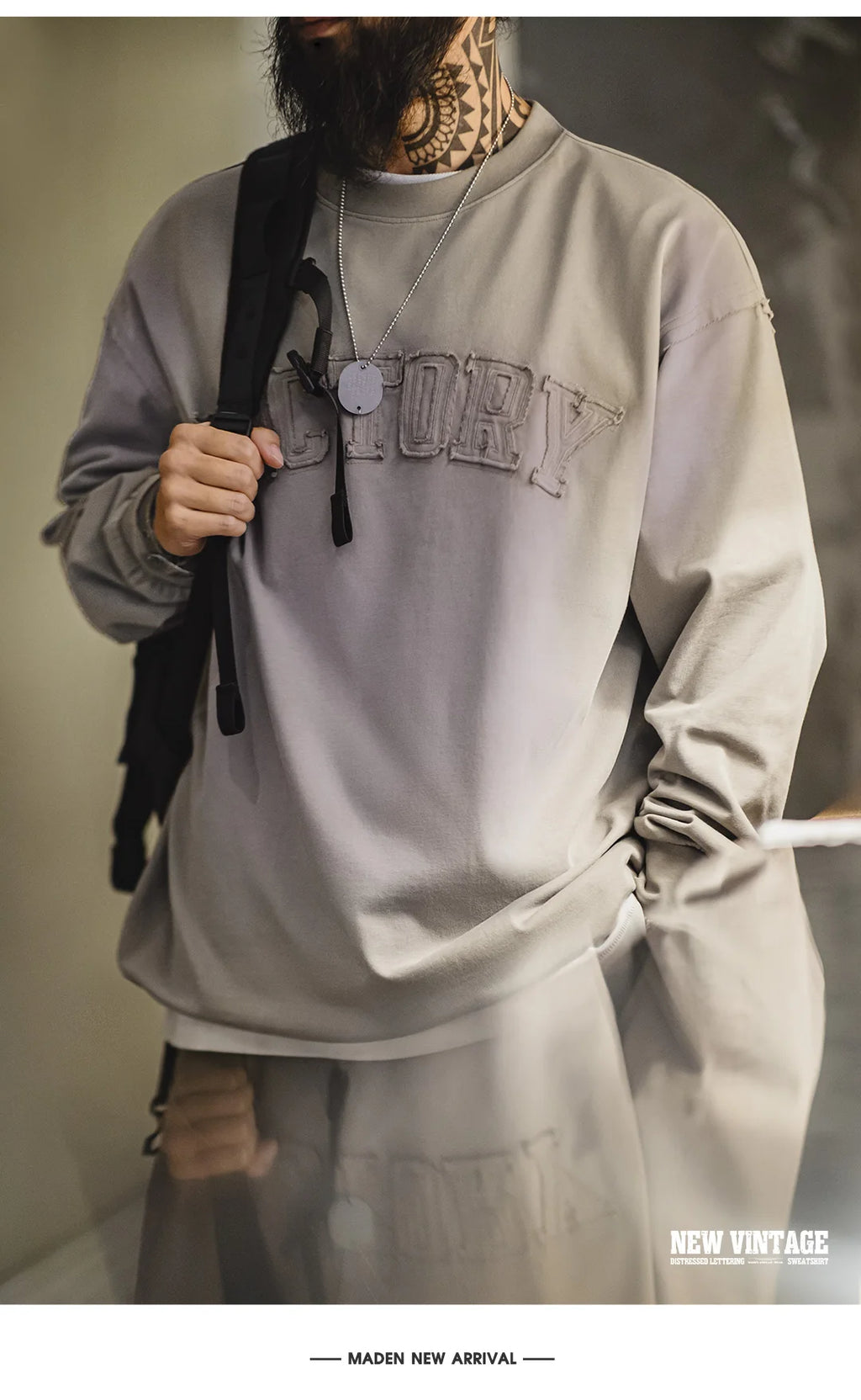 Maden Vintage Letter patched Gradient Colored Hoodie Loose Fit Washed Round Neck T-shirt for Men's Spring and Fall Casual Tops