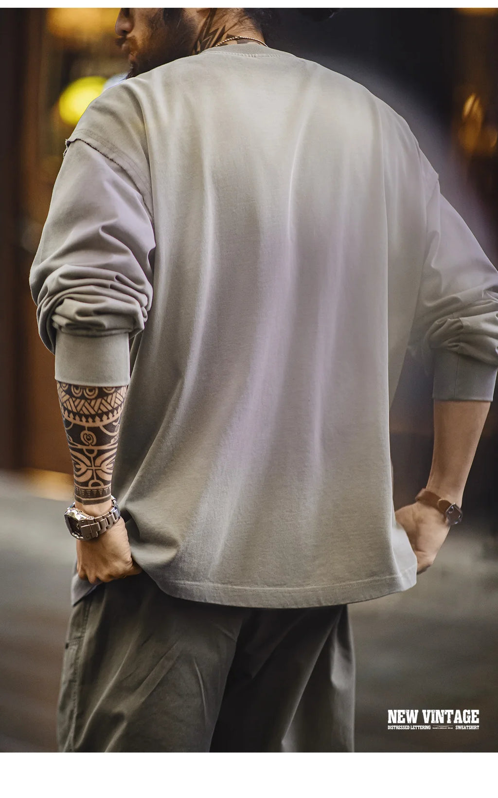 Maden Vintage Letter patched Gradient Colored Hoodie Loose Fit Washed Round Neck T-shirt for Men's Spring and Fall Casual Tops