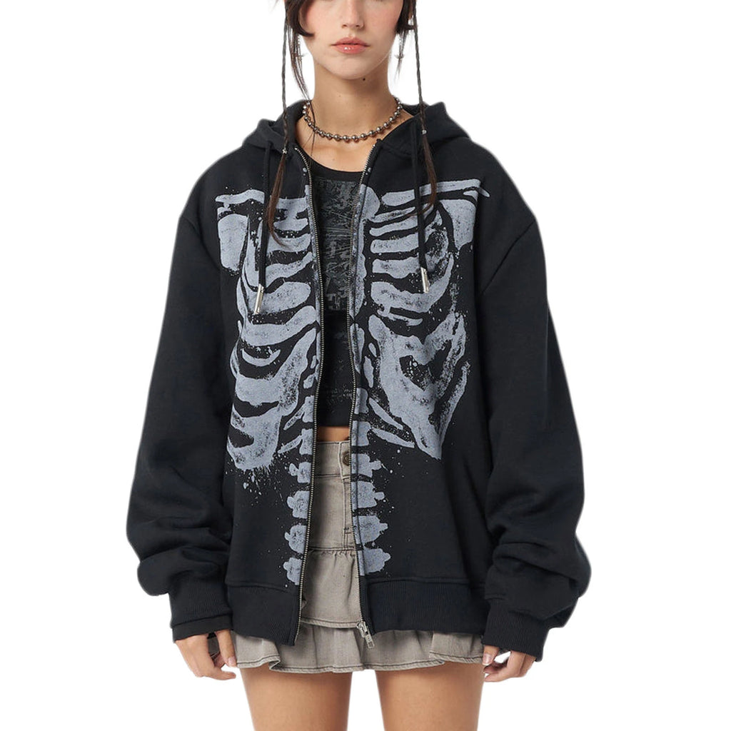 Hip Hop Women's Spring Autumn Casual Hooded Coat Black Long Sleeve Skull Print Zipper Hoodie