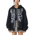 Hip Hop Women's Spring Autumn Casual Hooded Coat Black Long Sleeve Skull Print Zipper Hoodie