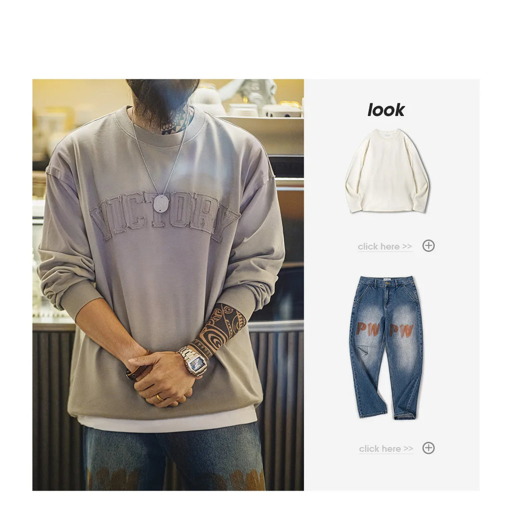 Maden Vintage Letter patched Gradient Colored Hoodie Loose Fit Washed Round Neck T-shirt for Men's Spring and Fall Casual Tops