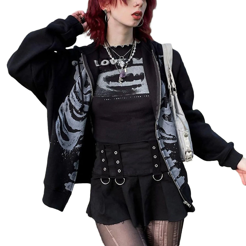 Hip Hop Women's Spring Autumn Casual Hooded Coat Black Long Sleeve Skull Print Zipper Hoodie