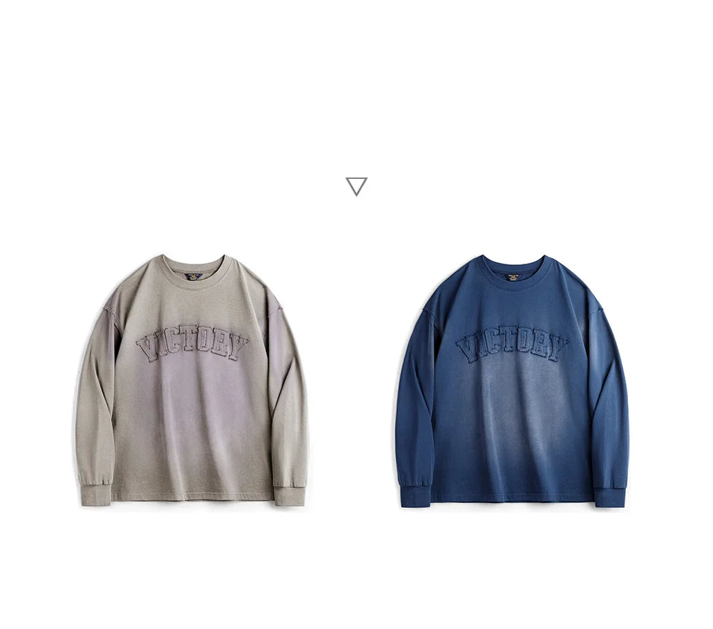 Maden Vintage Letter patched Gradient Colored Hoodie Loose Fit Washed Round Neck T-shirt for Men's Spring and Fall Casual Tops