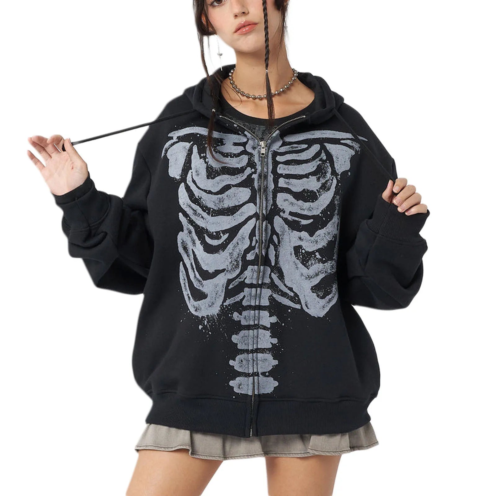 Hip Hop Women's Spring Autumn Casual Hooded Coat Black Long Sleeve Skull Print Zipper Hoodie