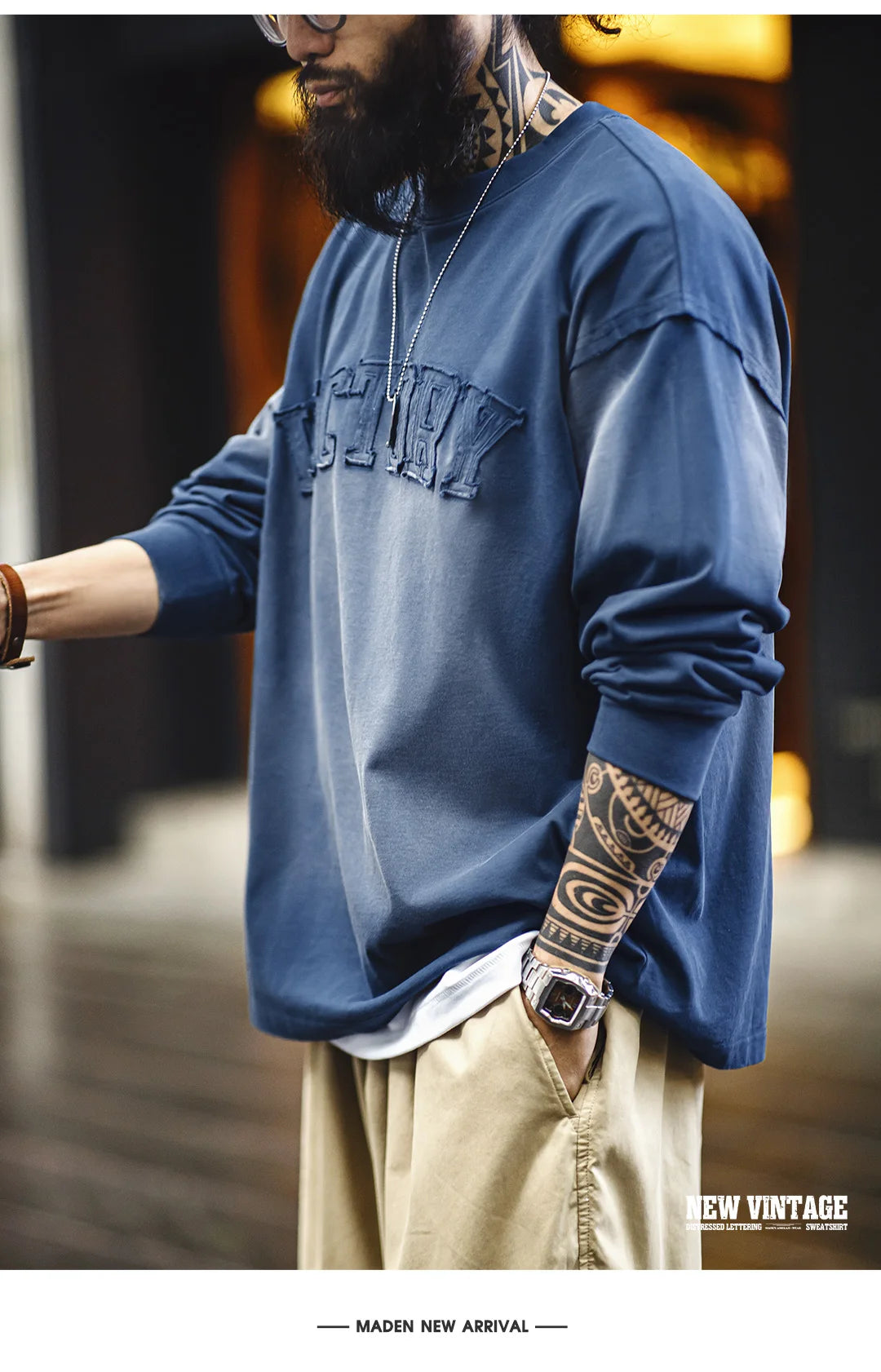 Maden Vintage Letter patched Gradient Colored Hoodie Loose Fit Washed Round Neck T-shirt for Men's Spring and Fall Casual Tops