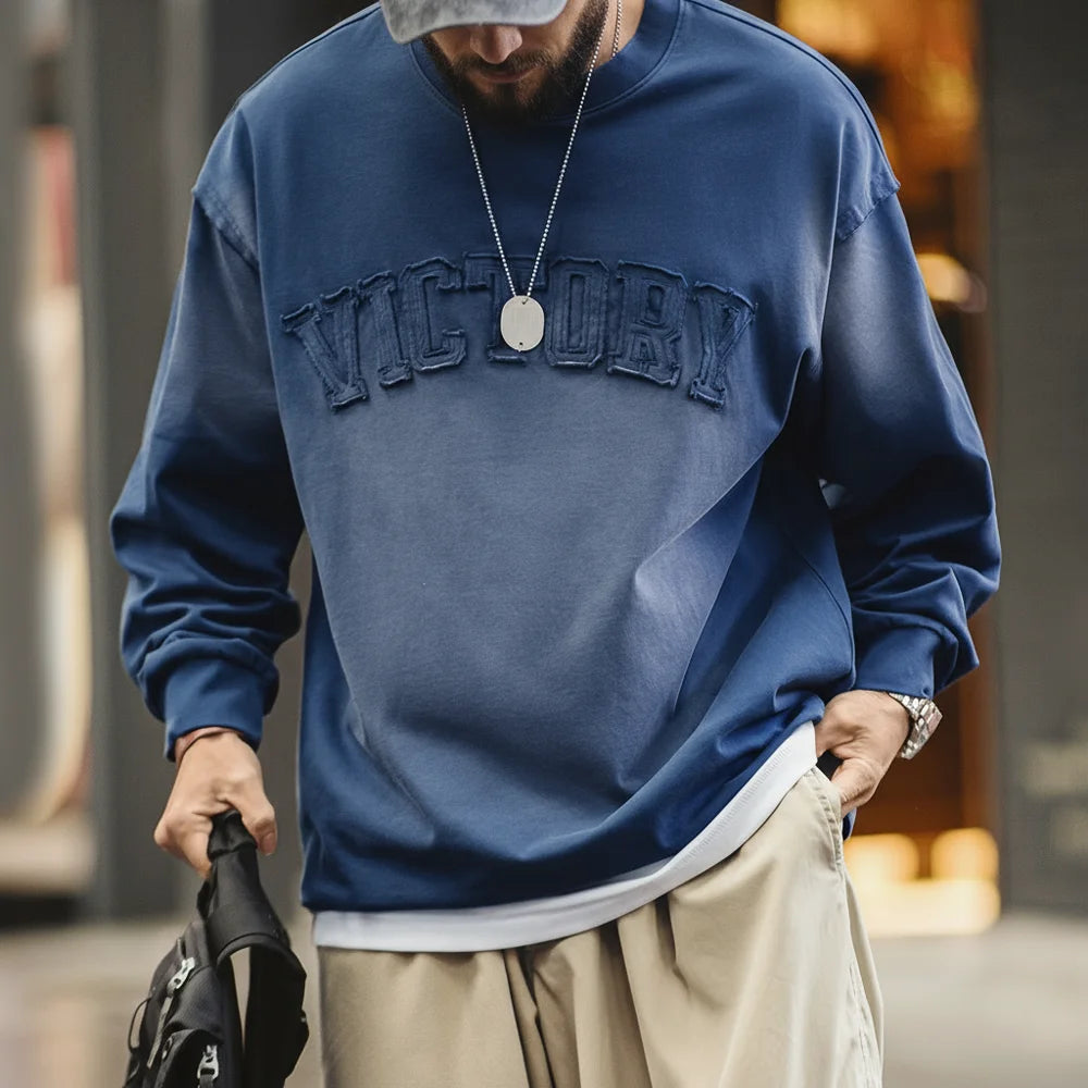 Maden Vintage Letter patched Gradient Colored Hoodie Loose Fit Washed Round Neck T-shirt for Men's Spring and Fall Casual Tops