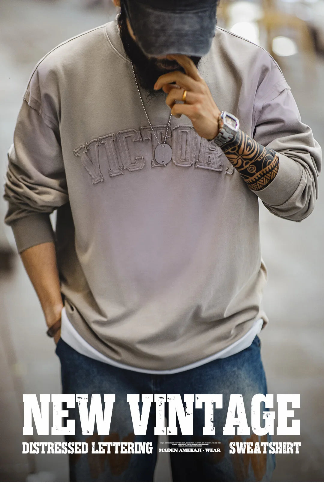 Maden Vintage Letter patched Gradient Colored Hoodie Loose Fit Washed Round Neck T-shirt for Men's Spring and Fall Casual Tops